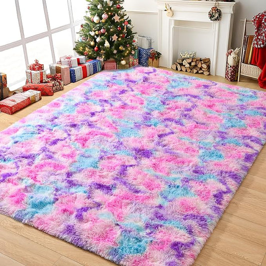 Tepook Pink Blue Purple Area Rug for Girls Room, Fluffy 6x9 Cute Soft Colorful Kids Rugs for Bedroom Dorm Classroom Nursery Playroom, Fuzzy Shaggy Rainbow Princess Carpet for Toddler Home Decor by Tepook