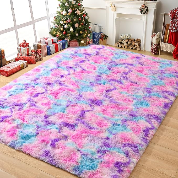 Tepook Soft Rainbow Rug for Girls Room, Cute Fluffy Girls Bedroom Rugs, 4x6 Feet Shaggy Princess Rug Colorful Carpet for Kids Teens Toddler Playroom Nursery Reading Nook, Hot Pink by Tepook