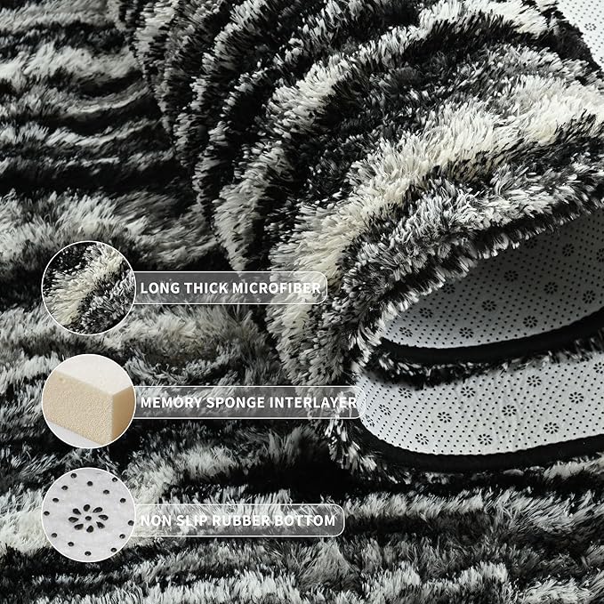 Tepook Fluffy Large Rugs for Living Room, Shag Area Rug 6x9 Soft Carpet for Bedroom, Modern Shaggy Rug for Kids Boys Girls, Plush Indoor Nursery Home Decor Rug with Non-Slip Bottom, Black White - Image 5