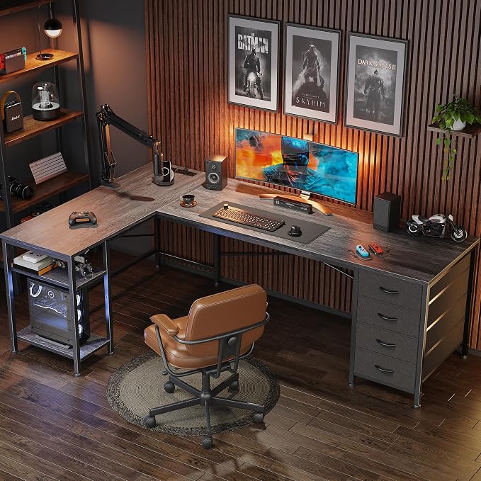 Huuger 63 Inch L Shaped Desk with Fabric Drawers, Reversible Computer Gaming Desk with Power Outlets and USB-C Port, Adjustable Side Storage Shelves, for Work Study Corner Home Office, Grey - Image 4
