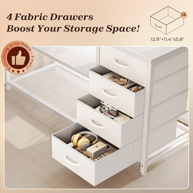 PRAISUN 53" L Shaped Desk with Power Outlets & USB-C Port, Reversible Computer Corner Office Desk with 4 Fabric Drawers and 2 Storage Shelves, Large Desk for Gaming Writing Work Study, White - Image 6