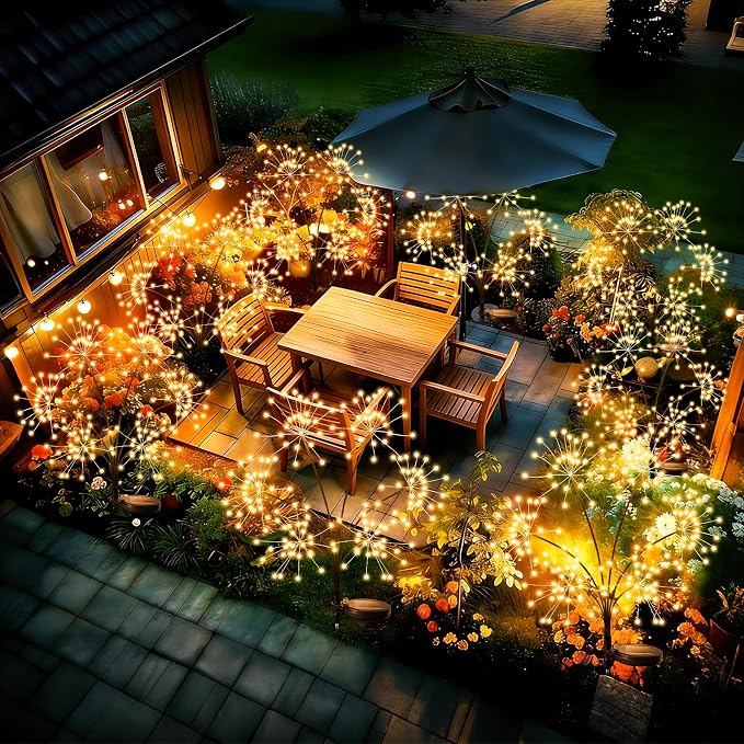 JJGoo 2 Pack Solar Garden Lights Outdoor Waterproof, New Upgraded 6 Branches Firework Starburst Lights with 2 Modes, Solar Fairy Lights for Yard Garden Patio Pathway Party Decor - Warm White - Image 5