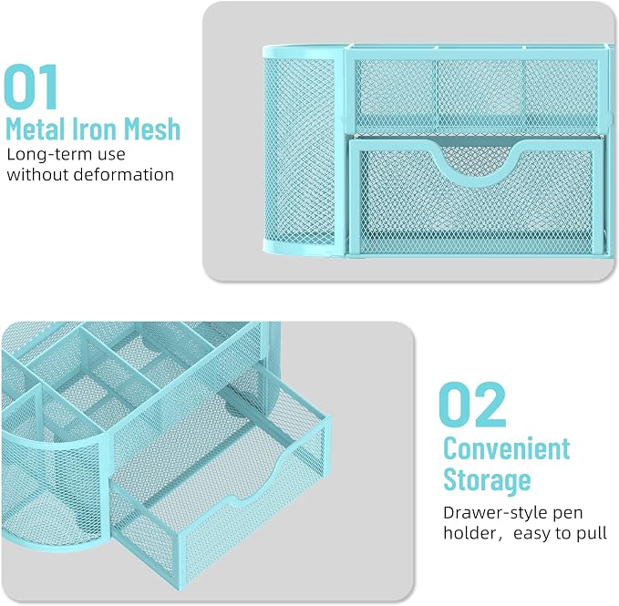 Mesh Desk Organizer with Drawer, 9-Compartment Pen Holder for Desk, Blue | Pull-Out Drawer Stores Pens, Pencils, Clips, Notes, and Small Office or School Supplies in One Compact Desk Caddy - Image 5