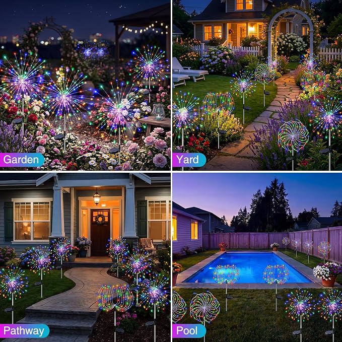 btfarm 2 Pack Solar Garden Lights Outdoor 8 Modes, 120 LED Firework Lights Solar Powered, Waterproof Twinkle Fairy Light Outside for Yard Pathway Lawn Pool Patio Christmas Decorative, Multicolor - Image 5