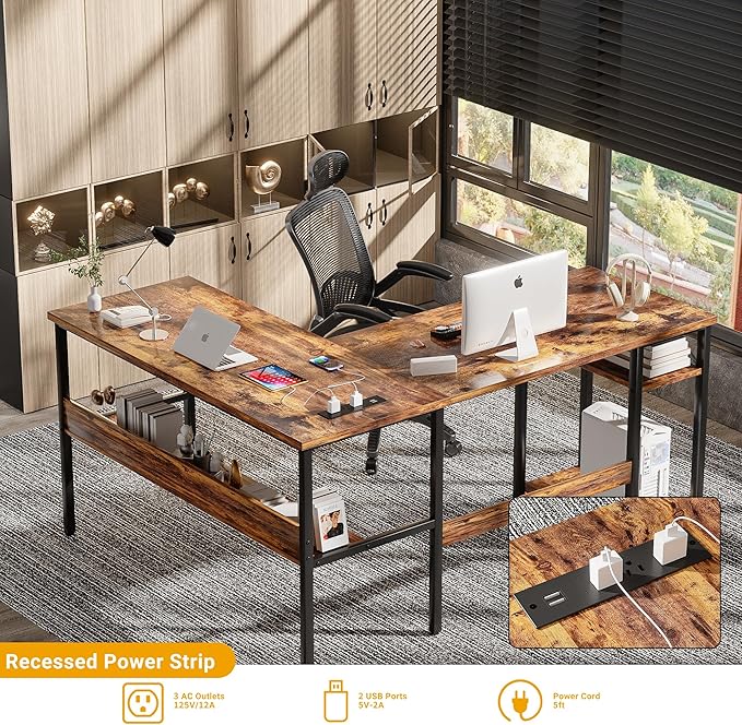 Unikito L Shaped Computer Desk with Magic Power Outlets and USB Charging Port, Sturdy Reversible Corner Desk with Storage Shelves, Modern Work Desk for Home Office, Easy to Assemble, Rustic Brown - Image 4