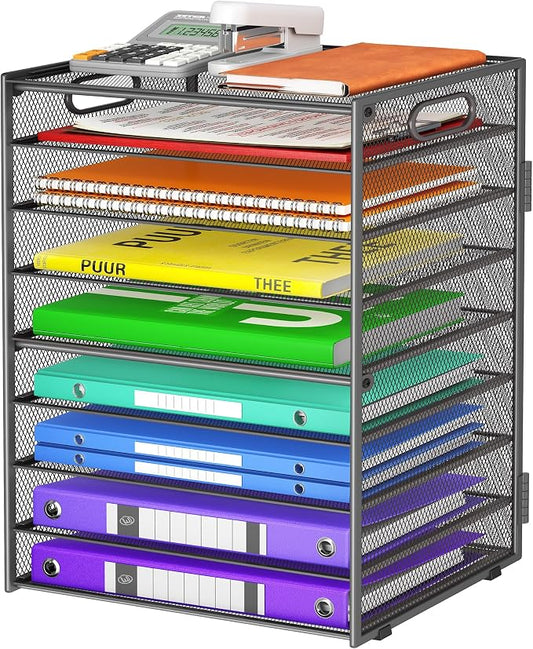 Cawukege 9 Tier Paper Organizer with Handle, Large Capacity Desk Organizer Mesh File Folder Letter Paper Tray Desktop Document Sorter for Classroom, School, and Office Accessories Organization - Grey by Cawukege