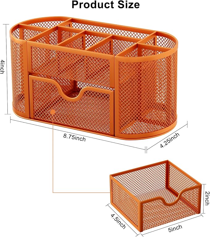 EasyPAG Mesh Pen Holder Desk Organizer with Drawer Stationery Supplies Organizer for Dorm School 9 Compartments Workspace Desk Accessories Organization for Office, Orange - Image 8