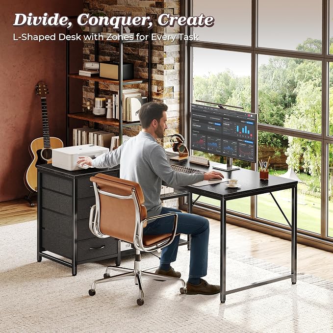 PRAISUN 43.3" Small Computer Desk with Power Outlets & USB-C Port, Reversible L Shaped Corner Office Desk with 4 Fabric Drawers and 2 Adjustable Storage Shelves, for Gaming Writing, Black - Image 3
