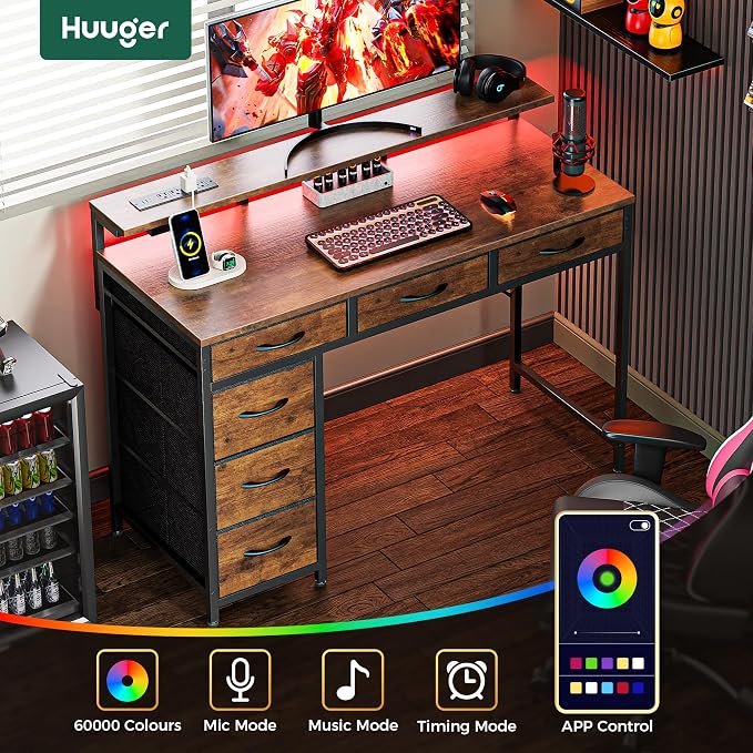 Huuger Gaming Desk with 6 Drawers, Computer Desk with LED Lights Power Outlets and Type-C, 39 Inch Office Desk with Storage, Monitor Stand, Writing Work Desk Home Office, Study, Rustic Brown - Image 4