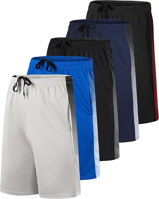 5 Pack Men's Mesh Shorts Athletic Basketball Sports Gym Workout Pockets | Cooling Moisture-Wicking, 9", Long, Quick-Dry, Breathable, Elastic Drawstring Waistband. Running, Exercise, Soccer, Training. by RealEssentials