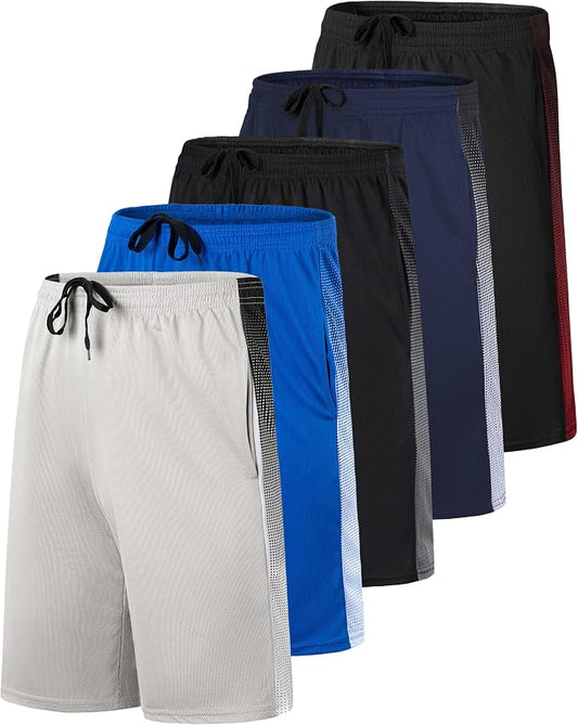 5 Pack Men's Mesh Shorts Athletic Basketball Sports Gym Workout Pockets | Cooling Moisture-Wicking, 9", Long, Quick-Dry, Breathable, Elastic Drawstring Waistband. Running, Exercise, Soccer, Training. by RealEssentials