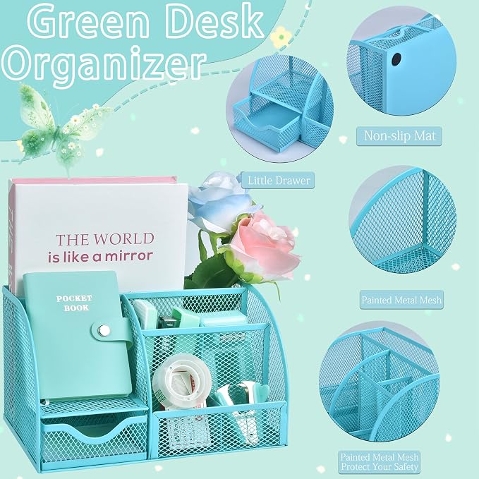 Green and Blue Desk Accessories, 26Pcs Office Supplies and Desk Organizers, with Tape Dispenser, Stapler, Staple Remover, Ect, Gift Box Packaging - Image 2