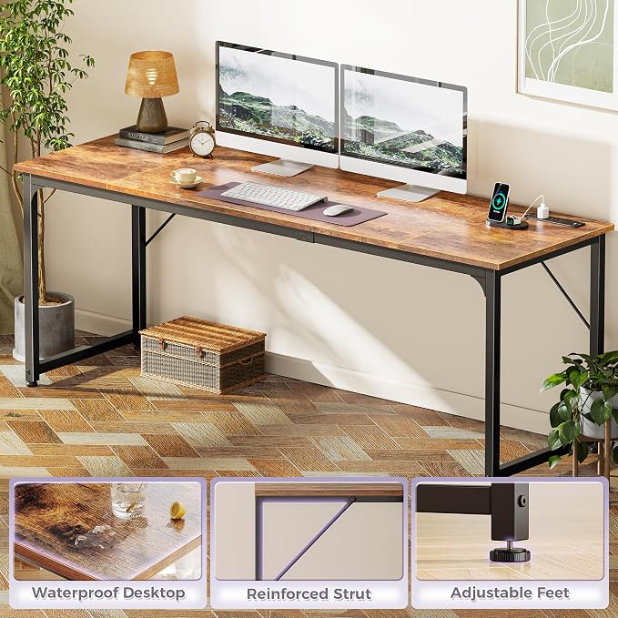 PRAISUN 80 X 24 Inch Computer Desk, Power Outlets, USB-C, Rustic Brown | Office Desk with 4 AC Outlets, USB & USB-C, Sturdy Metal Frame, Spacious Desktop for Work, Writing, Study & Gaming - Image 8