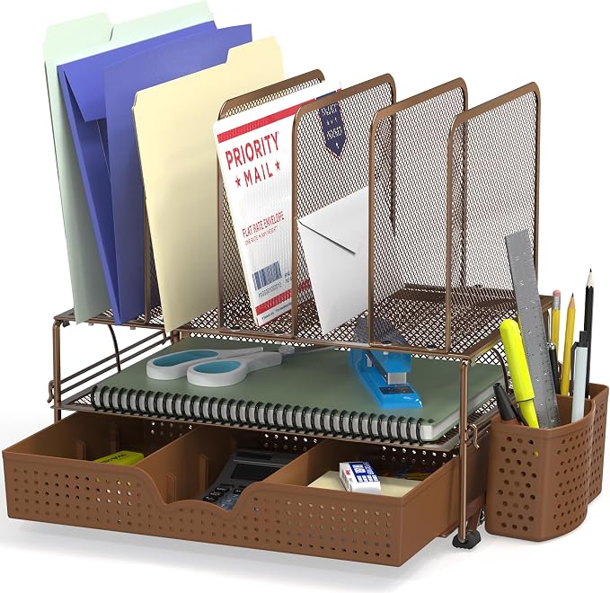 Simple Houseware Desk File Organizer for Office Supplies w/Drawer, Copper | Double Tray, Pencil Holder, and 5 Upright Sections with Sliding Drawer by SimpleHouseware