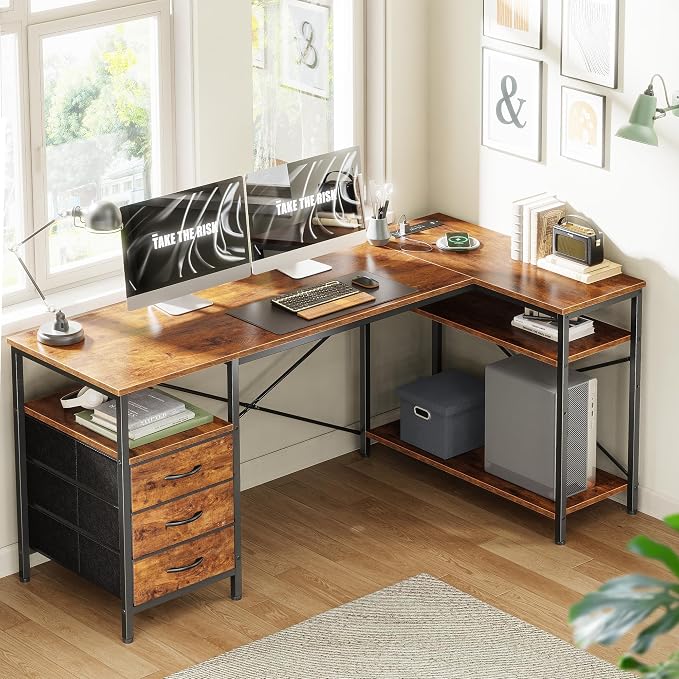 Huuger L Shaped Office Desk with Power Outlets, 55 Inch Computer Desk with 3 Drawers, Shelves, Reverisble for Gaming Corner Work Home Office Study, Rustic Brown - Image 2