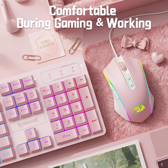 Redragon Updated S107WP Gaming Keyboard and Mouse, RGB Gaming Keyboard and 10000 DPI Mouse Combo with 25-Key Anti-Ghosting, 1K Hz Programmable Mice with Software, Plug & Play to PC, Laptop - Pink - Image 7