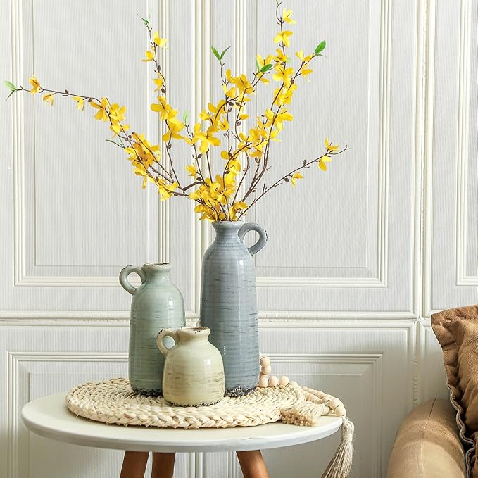 Ceramic Vase Set of 3 | Neutral Vase Home Decor with Handle | Pottery Modern Farmhouse Vases Pampas Grass Flower Vases for Home Decor Table Living Room Centerpieces Mantel Decor - Multicolor - Image 6