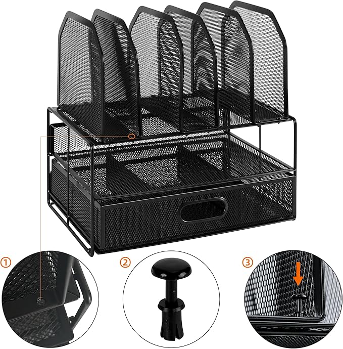 Amazon Basics Mesh Desk Organizer with Sliding Drawer, Double Tray and 5 Upright Sections, File Holder for Office Supplies, Paper Letter Tray, Black - Image 2