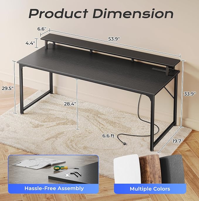 PRAISUN 55 inch Gaming Desk, LED & Power Outlets, Monitor Stand, Black | Sturdy PC Desk for Home Office, Study & Work, LED Lights, 4 AC Outlets & USB-C Charging Station - Image 3