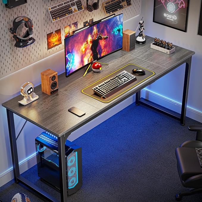 Huuger Computer Gaming Desk, 63 Inch Office Desk with Storage, Writing Work Surface for Home Office, Study, Modern Simple Style, Large Legroom, Metal Frame, Grey - Image 4