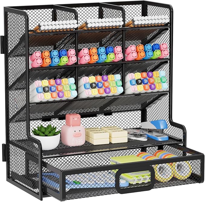 Marbrasse Larger Mesh Desk Organizer with Drawer, Multi-Functional Pen Pencil Holder, Easy Assembly, Desk Organizers and Accessories for Office Art Supplies (Black) by Marbrasse