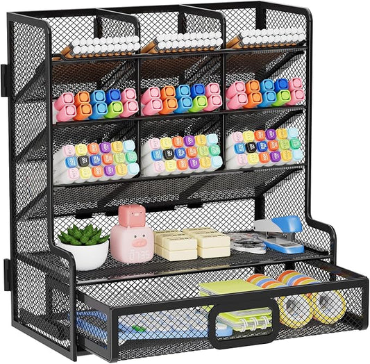 Marbrasse Larger Mesh Desk Organizer with Drawer, Multi-Functional Pen Pencil Holder, Easy Assembly, Desk Organizers and Accessories for Office Art Supplies (Black) by Marbrasse