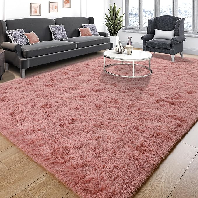 Tepook Blush Pink Area Rugs for Living Room Girls Bedroom, 4x6 Fluffy Shaggy Dusty Pink Rug for Kids Room Playroom, Plush Shag Non-Slip Carpet for Nursery Dorm Classroom, Cute Rose Beige Rug by Tepook