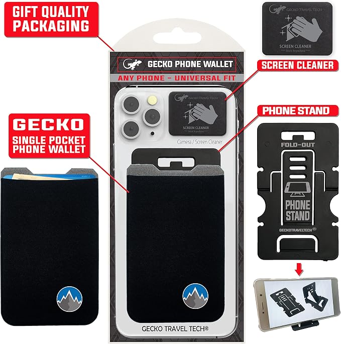 Phone Wallet - Adhesive Card Holder - Cell Phone Pouch - Stick on Lycra Pocket by Gecko - Carry Credit Cards and Cash - Image 8