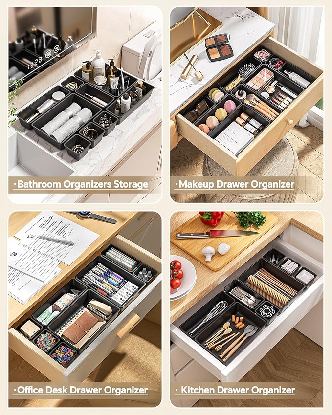 KEMETHY 25 PCS Plastic Drawer Organizers Set, 4 Sizes Vanity Organizer | Makeup and Desk Drawer Organizer Trays, Organization and Storage for Makeup, Bathroom, Kitchen Utensils and Office (Black) - Image 4