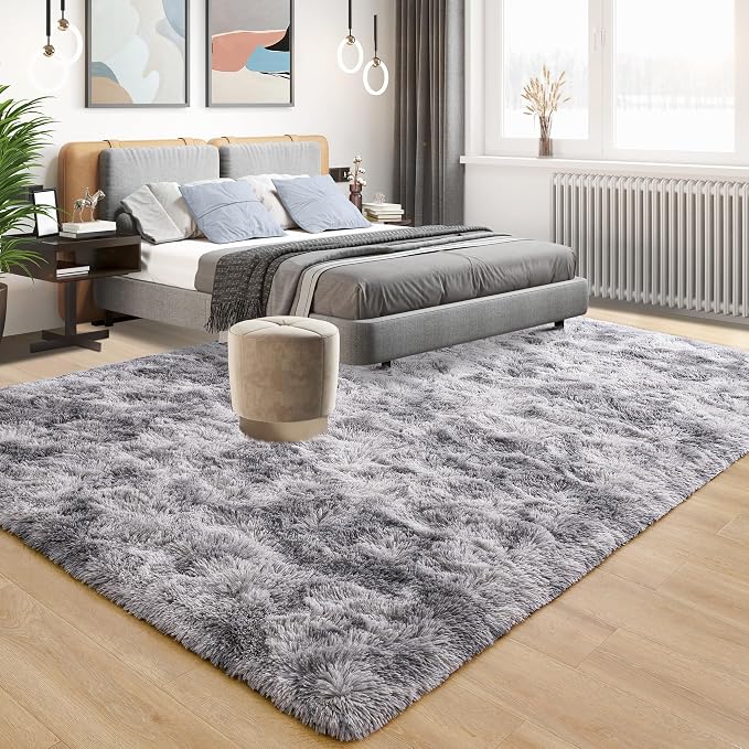 Tepook Fluffy Large Rugs for Living Room, Area Rug 6x9 Soft Carpet for Bedroom, Modern Shaggy Rug for Kids Boys Girls, Plush Indoor Nursery Home Decor Rug with Non-Slip Bottom, Tie-dye Light Grey - Image 3