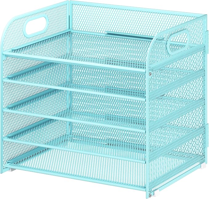 Cawukege 5 Tier Paper Organizer with Handle, Blue Metal Mesh Desk Organizer File Folder Paper Letter Tray Desktop Document Sorter for Classroom, School, Office Accessories Organization and Storage - Image 9