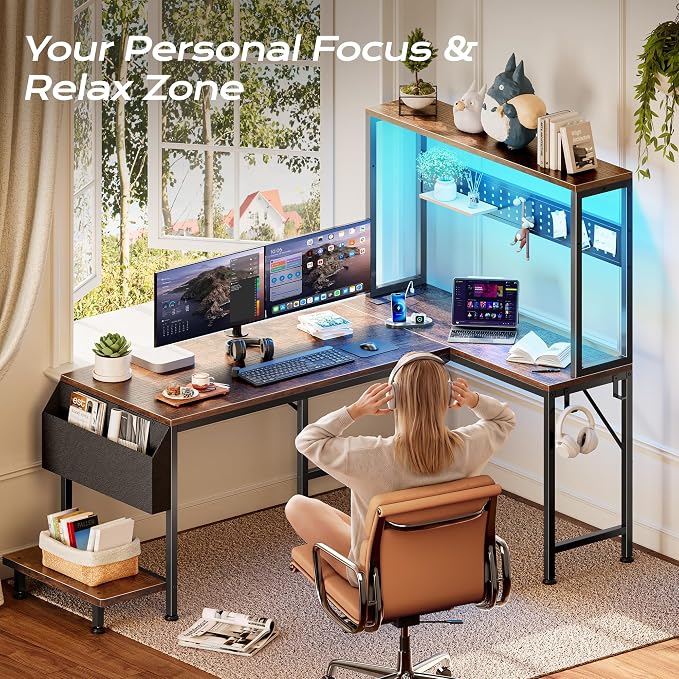 PRAISUN L Shaped Gaming Desk with LED Lights & Power Outlets, Reversible Computer Desk with Storage Shelves & Bag, Large Corner Home Office Desk with Pegboard for Work from Home, Rustic Brown - Image 6