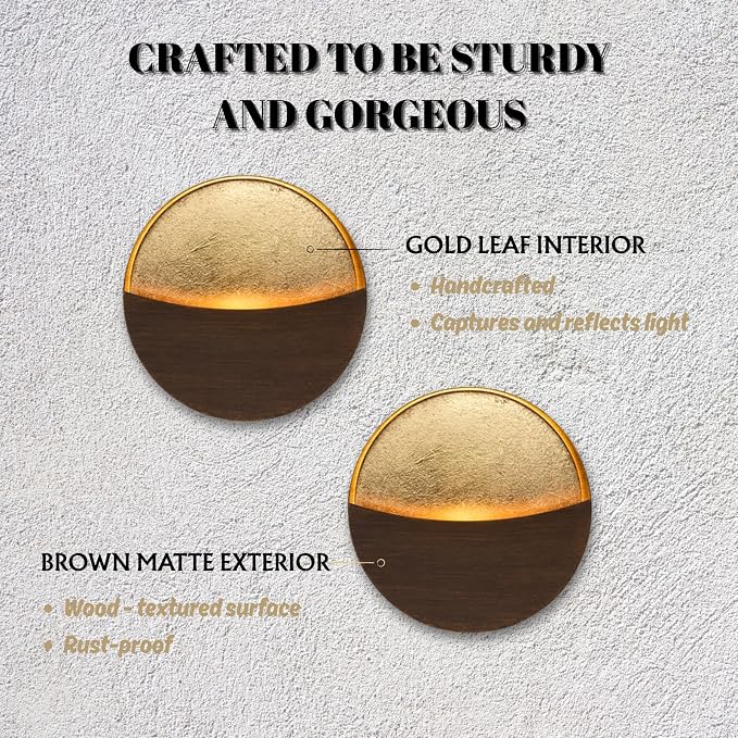 Eclipse Wall Candle Holder Set of 2, Metal Candle Sconces with Brushed Wood Grain and Gold Interior, Christmas Wall Decor for Living Room, Bedroom, and Modern Farmhouse - Image 4