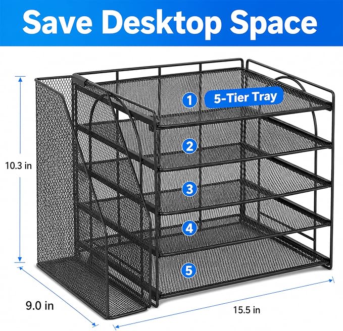 OPNICE Desk Organizers and Accessories, 5-Tier Paper Organizer Letter Tray with Magazine Holder, Office Desk Accessories & Workspace Organizers, Desktop File Organizer for Office Supplies, Black - Image 3