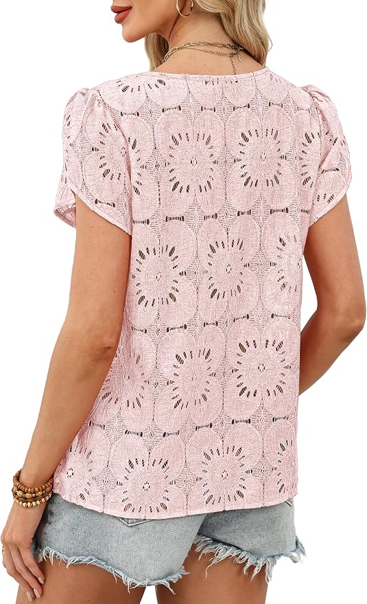 OFEEFAN Blouses for Women Dressy Casual Petal Short Sleeve Shirts Crochet Lace Boho Tops Spring Fashion Summer Outfits - Image 5