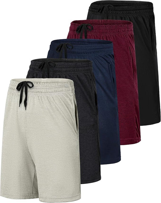 5 Pack Men's Mesh Shorts Athletic Basketball Sports Gym Workout Pockets | Cooling Moisture-Wicking, 9", Long, Quick-Dry, Breathable, Elastic Drawstring Waistband. Running, Exercise, Soccer, Training. by RealEssentials