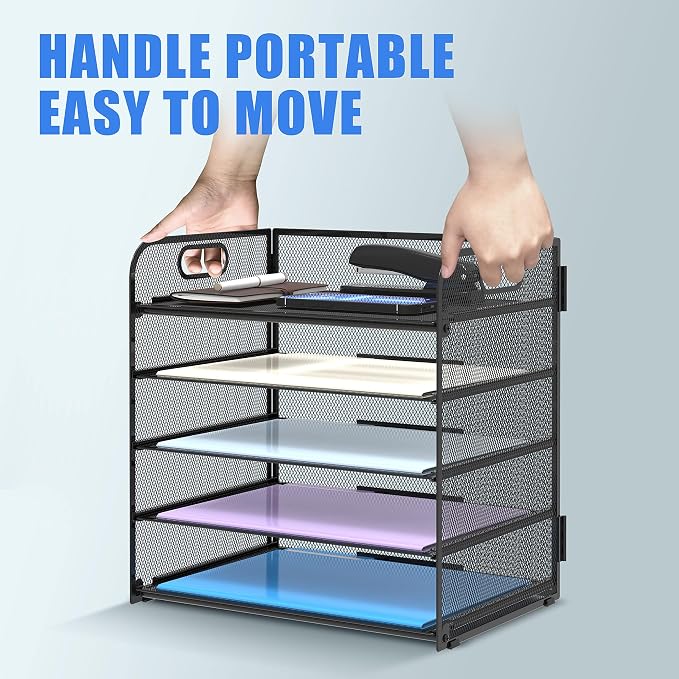 Supeasy 2 Pack 5-Tier Desk Organizer with Handle Mesh Desk File/Paper Organizer Letter Tray for Office, School, Classroom and Home Easy Installation, Black - Image 5