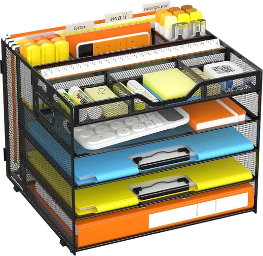 Docnest 5 Tier Desk Organizer with Hanging File Folder Holder&Tray, Black | Features 3 detachable pen holders and 4 removable dividers.Versatile mesh desktop storage for mail, document,office supplie by DocNest