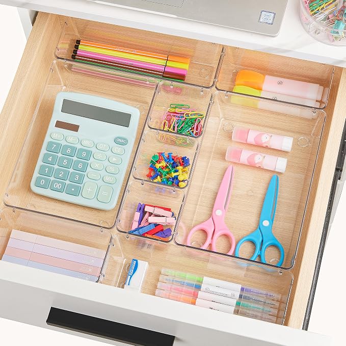 Vtopmart 44 PCS Clear Plastic Drawer Organizers Set, Vanity Organizer Trays | 4-Size Versatile Makeup Organizer, Non-Slip Storage Containers for Makeup, Jewelries, Bedroom，Kitchen Utensils and Office - Image 4