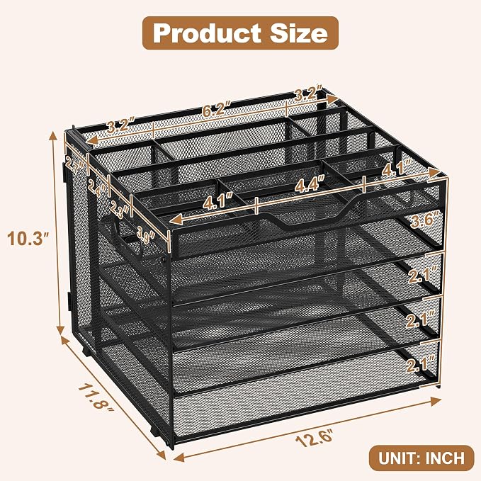 Docnest 5 Tier Desk Organizer with Hanging File Folder Holder&Tray, Black | Features 3 detachable pen holders and 4 removable dividers.Versatile mesh desktop storage for mail, document,office supplie - Image 2
