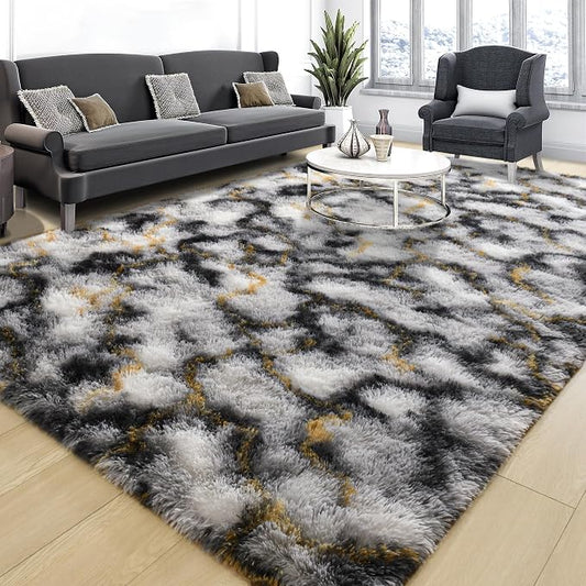 Tepook Soft Fluffy Rugs for Bedroom, 4x6 Area Rug for Living Room, Modern Shaggy Room Rug for Kids Boys Girls, Plush Throw Rugs Indoor Nursery Home Decor Rug with Non-Slip Bottom, White Black Gold by Tepook