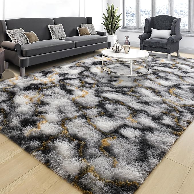 Tepook Fluffy Large Rugs for Living Room, Area Rug 6x9 Soft Carpet for Bedroom, Modern Shaggy Rug for Kids Boys Girls, Plush Indoor Nursery Home Decor Rug with Non-Slip Bottom, White Black Gold - Image 3
