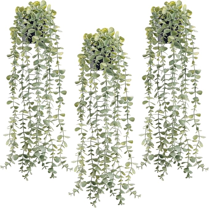 Der Rose 3Pcs Fake Plants Hanging Artificial Decor Faux Potted Eucalyptus Plants for Boho Bathroom Home Office Desk Wall Shelf Bookcase Accessories Decor Indoor by DerRose