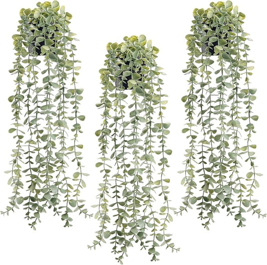 Der Rose 3Pcs Fake Plants Hanging Artificial Decor Faux Potted Eucalyptus Plants for Boho Bathroom Home Office Desk Wall Shelf Bookcase Accessories Decor Indoor by DerRose