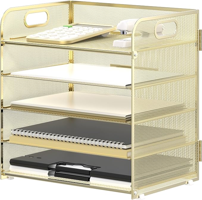 Supeasy 5 Trays Paper Organizer Letter Tray with Handle-Mesh Desk File Organizer, Paper Sorter Desk Organizer for Office, Home or School (Golden) by SUPEASY