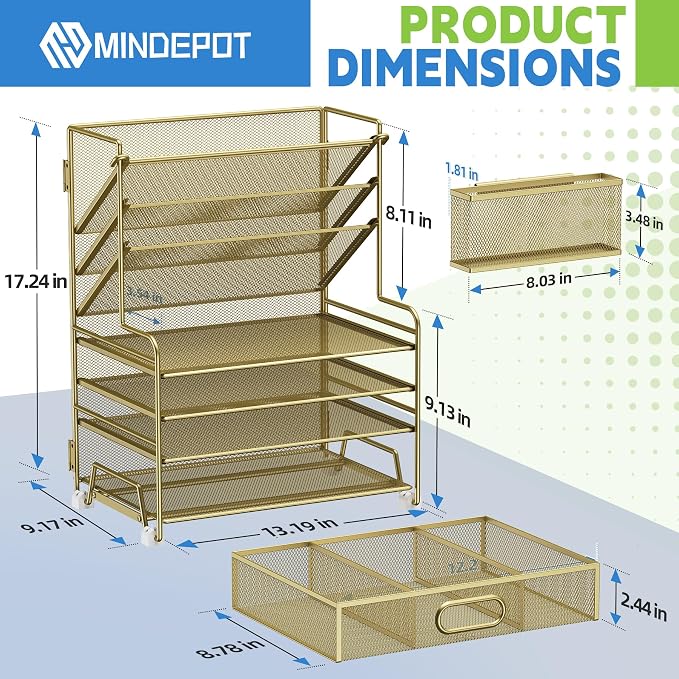 MINDEPOT 4-Tier Paper Organizer + 3-Pocket File Holder + Drawer + Pen Holders, Desktop File Organizers Paper Tray for Office Supplies School Classroom Organization (Gold, with Drawer & Pen Holder) - Image 2