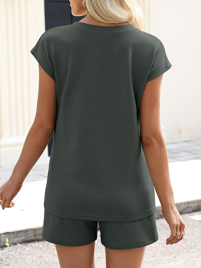 ANRABESS Womens Waffle Knit 2 Piece Short Sets Cap Sleeve Summer 2026 Matching Lounge Outfits Travel Beach Vacation Sweatsuit - Image 4