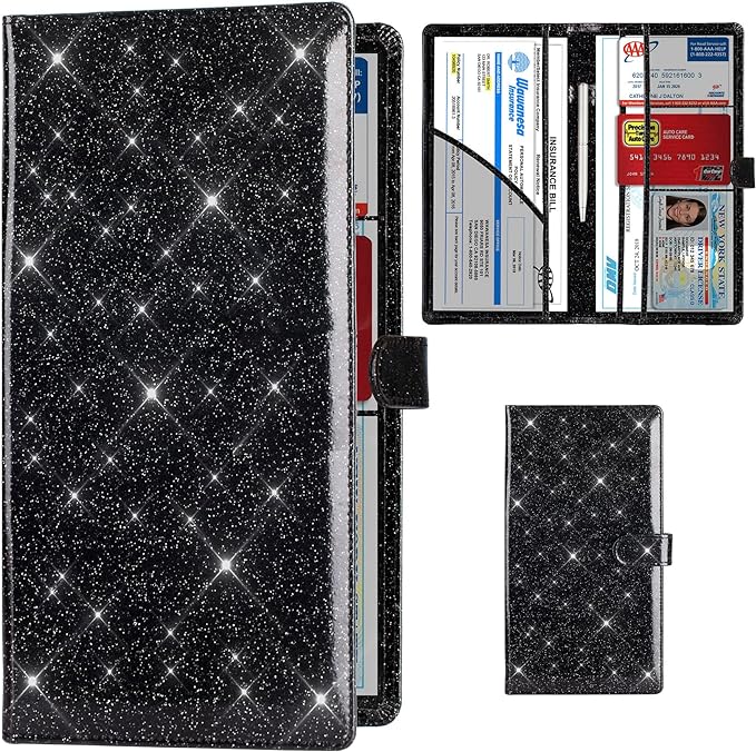 TOURSUIT Car Registration and Insurance Card Holder, Glitter Black | Vehicle License Document Organizer, Glove Box Compartment, Interior Car Accessories, For Women Men by TOURSUIT