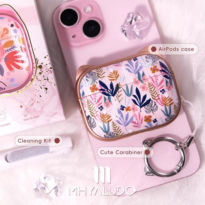 for AirPods Pro 2 Case with Cleaning Kit, Cute Cat Ear Print Design & Cute Buckle for Girls, Phone Holder & Top Safe Lock Buckle Design for AirPods Pro 2nd/1st Gen case, Rose Gold Leaves - Image 7