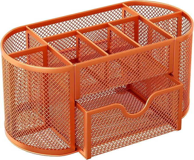 EasyPAG Mesh Pen Holder Desk Organizer with Drawer Stationery Supplies Organizer for Dorm School 9 Compartments Workspace Desk Accessories Organization for Office, Orange - Image 2